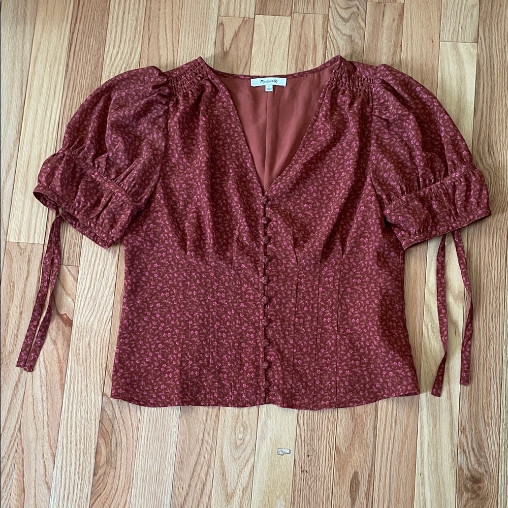 Madewell Burgundy Floral Blouse with Puff Sleeves